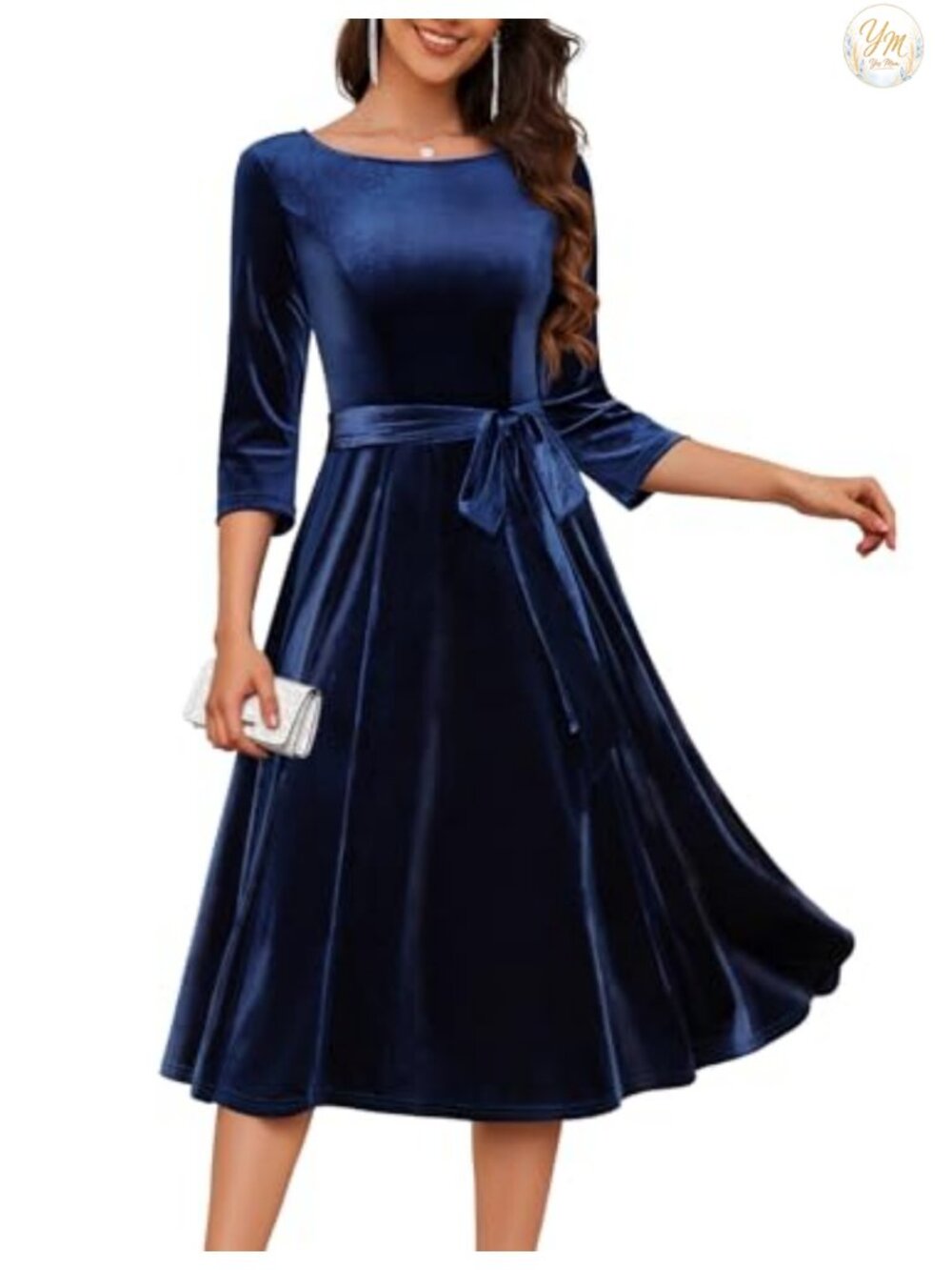 Velvet Cocktail Dress Women 3/4 Sleeve A-Line Party Formal Gala